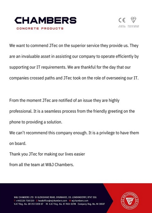 Testimonial from W & J Chambers